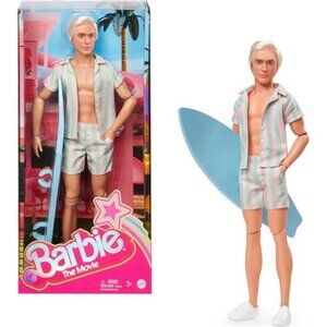 Barbie The Movie Ken Doll Wearing Pastel Pink and Green Striped Beach Matching